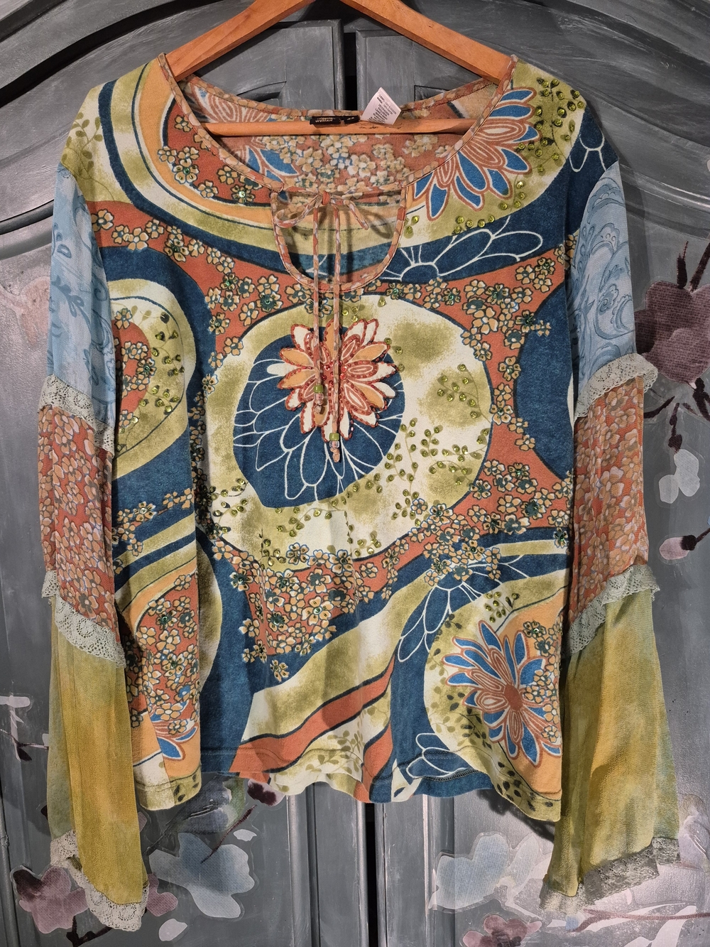 Bila Multicolor Floral Lace-Trim Tunic in Teal, Olive & Coral
